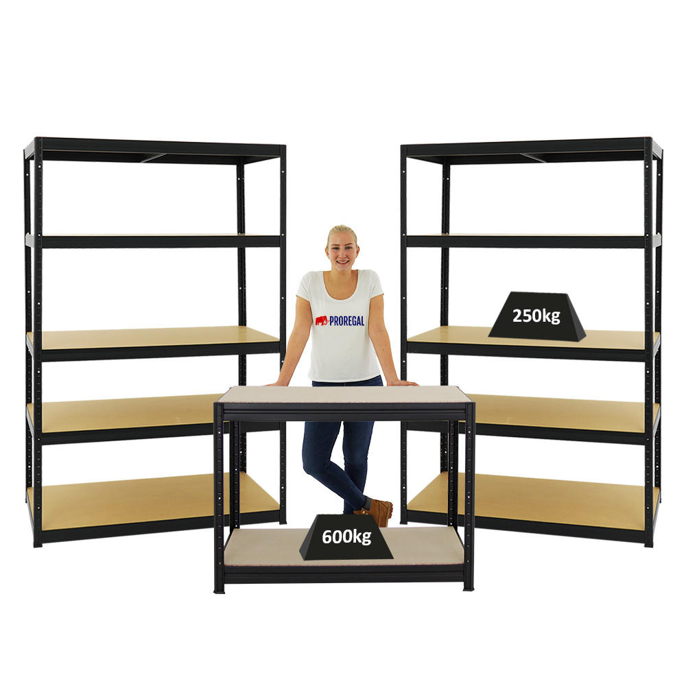 WERKBANK Slim Dino höhenverstellbar & 2x SCHWERLASTREGAL Big Elephant M Set Fachlast bis zu 600 kg Schwarz - Schwarz, Metall (360/180/60cm) - PROREGAL