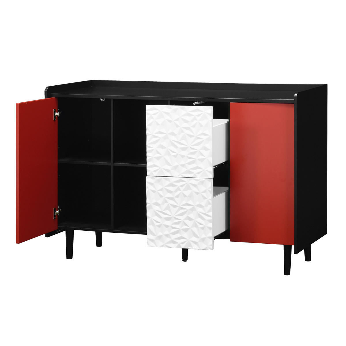 SIDEBOARD aus MDF 40x120x80 cm Schwarz/Rot mit 2 Schubladen, offenem Stauraum und Schrankfach - Schwarz, Holzwerkstoff (120/80/40cm) - Modfu