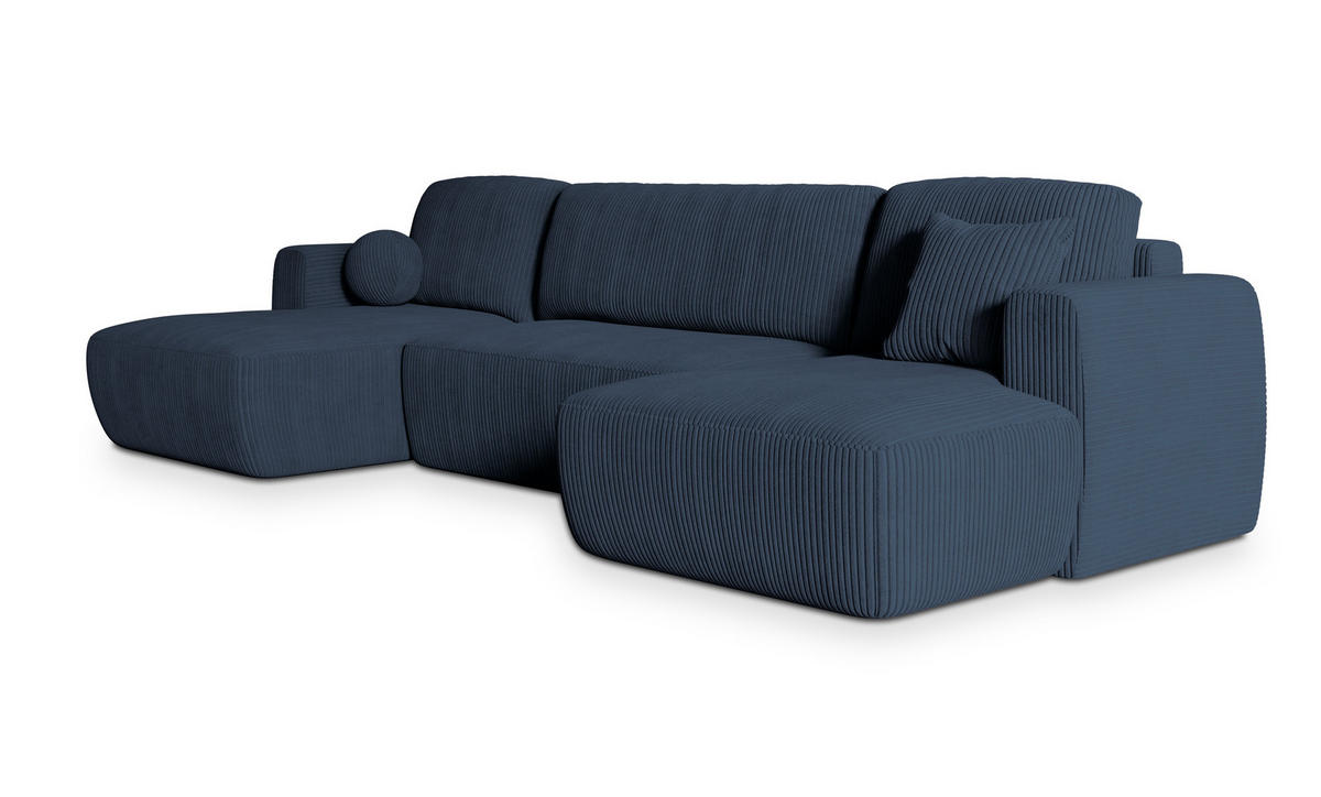 WOHNLANDSCHAFT SENTUM P Blau Kordstoff mit Schlaffunktion - Blau, Holz (330/90/148cm) - MASSENO