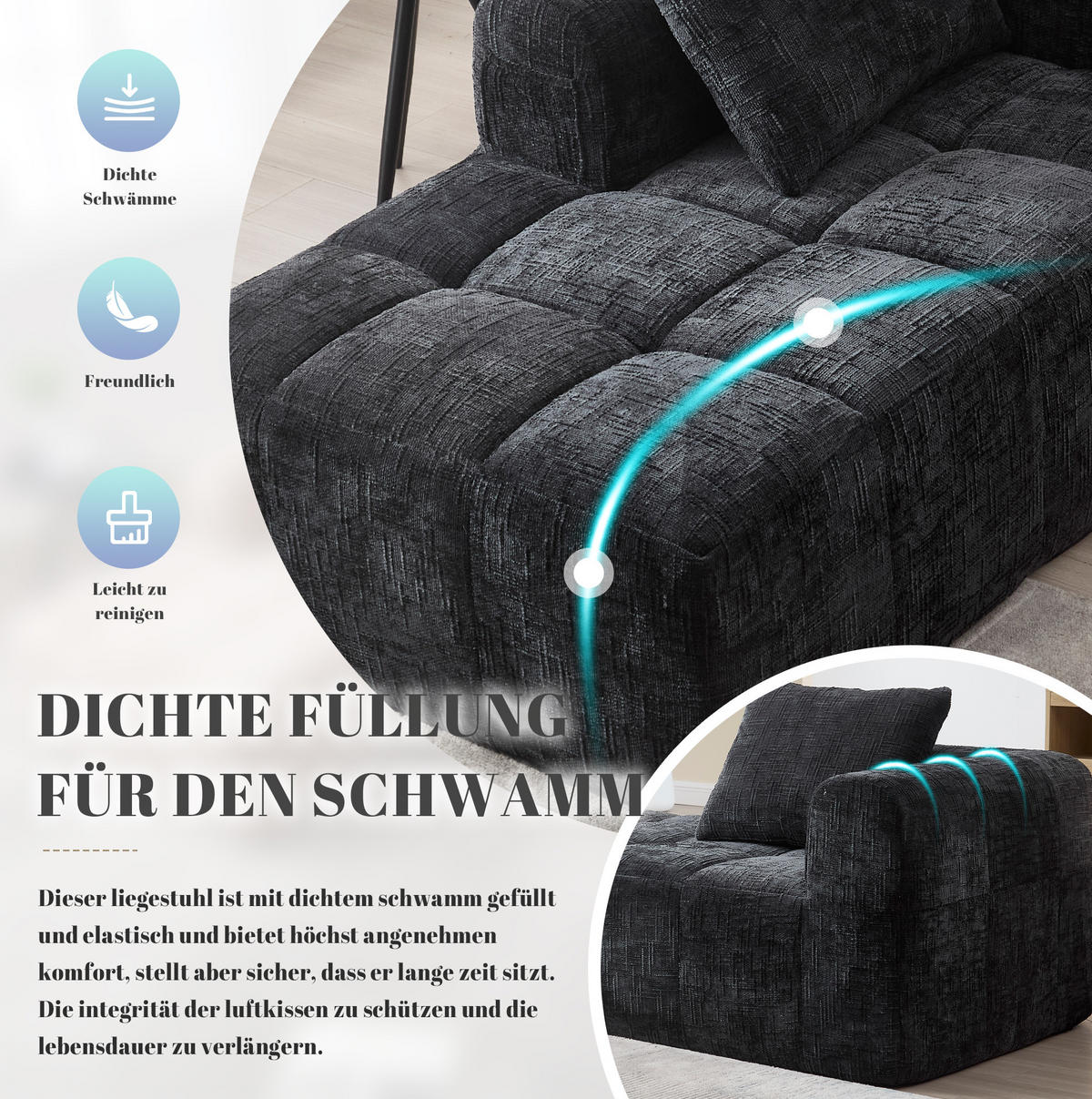CHAISELONGUE Sofa Chenille mit Seitentaschen und Kissen 158/90/60 cm Schwarz - Schwarz, Textil (60/158/90cm) - Redom