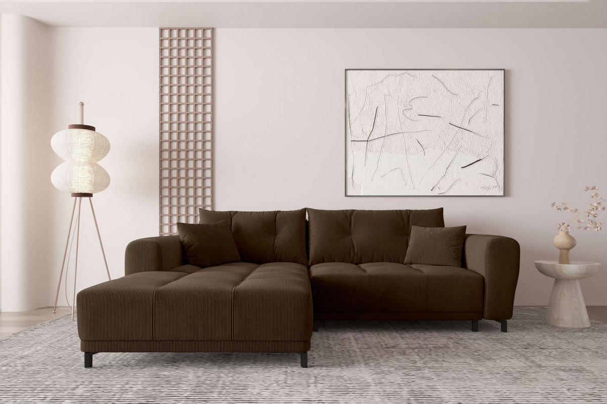 ECKSOFA Massimo Cordstoff Braun inkl. Schlaffunktion Links - Schwarz/Braun, Textil/Metall (246/177cm) - 99rooms