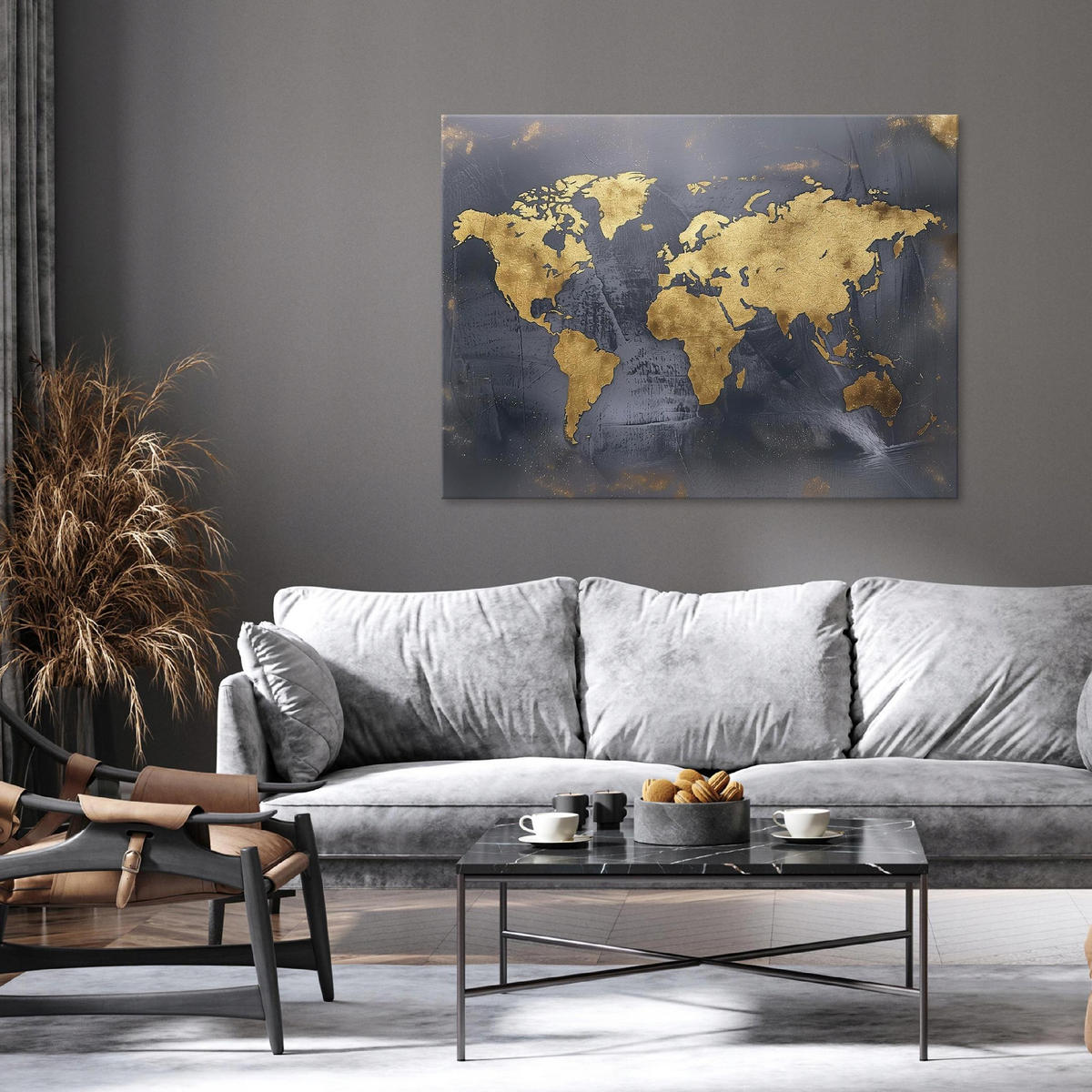 BILDER Weltkarte Gold Schwarz 60x40 - Multicolor, Holzwerkstoff (60/40cm) - Wallarena