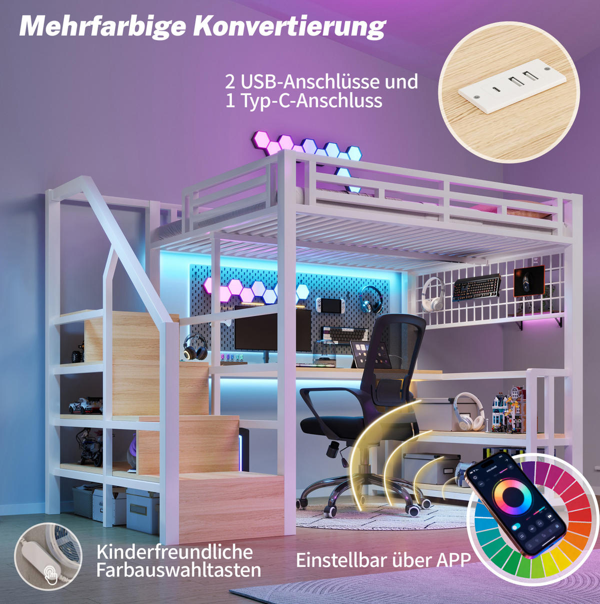HOCHBETT 140/200 cm Weiß aus Metall mit Schreibtisch und Stauraum - Weiß, Metall (140/200cm) - OKMYHOME