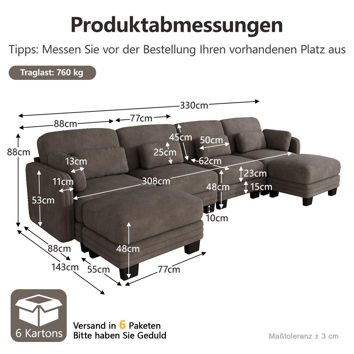 WOHNLANDSCHAFT 4-Sitzer U-Form mit 2 Hockern, DE-42686, Braun - Braun, Holz (330/88/143cm) - ComfortXL