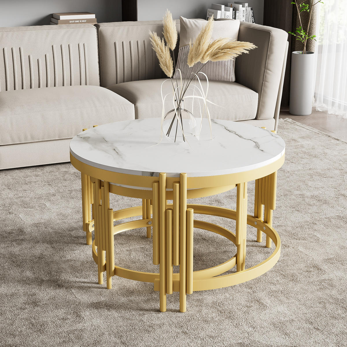 COUCHTISCH-SET in Weiß und Gold mit Marmoroptik und Metallrahmen für Wohnzimmer, B71,5/T71,5/H44 cm - Goldfarben/Weiß, Holzwerkstoff/Metall (71.5/71.5/44cm) - STILVORA