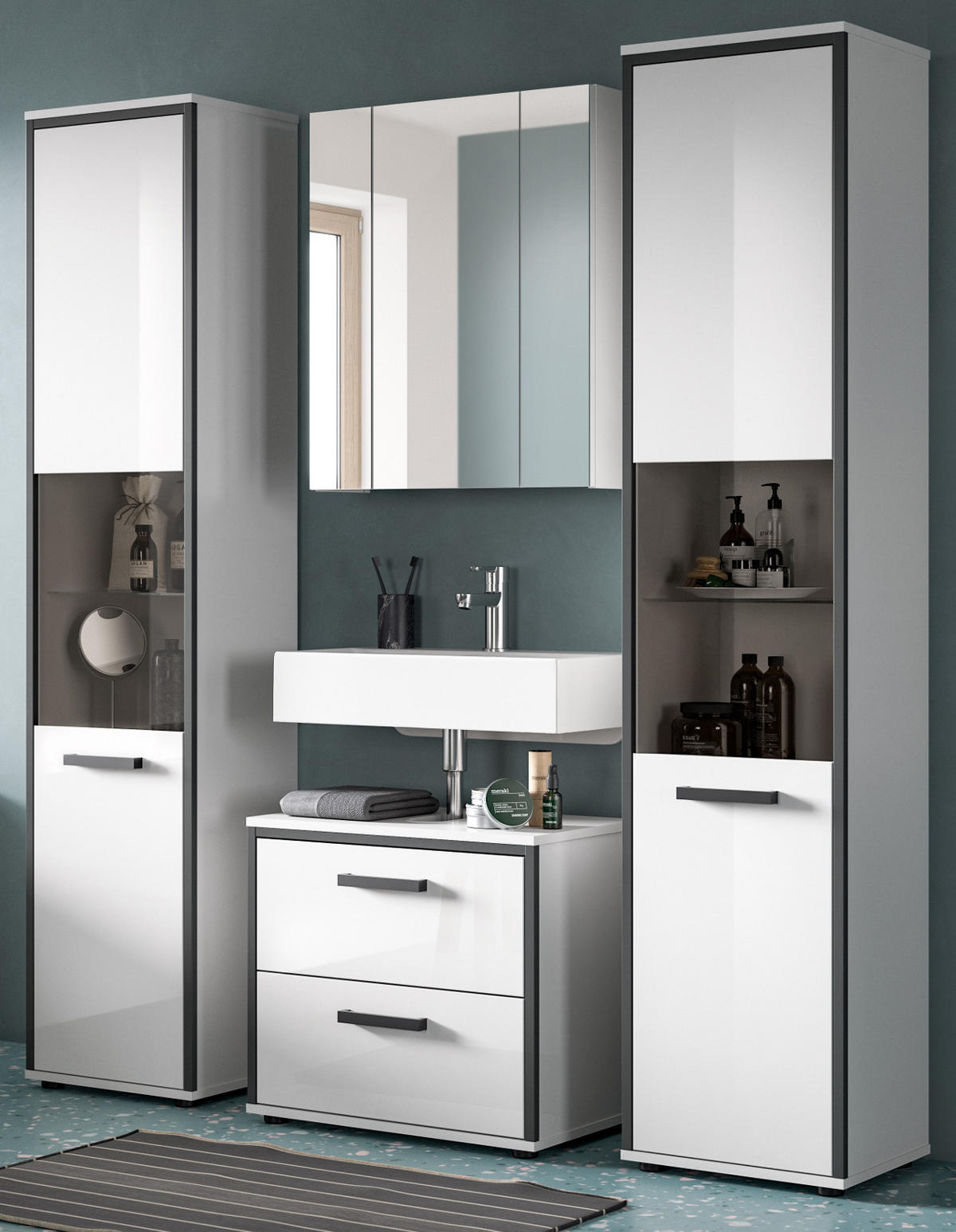 BADMÖBEL-SET 4-teilig Set weiß Hochglanz, grau, Badezimmermöbel mit viel Stauraum - Weiß Hochglanz/Schwarz, Glas/Holzwerkstoff (170/188/37.5cm) - Inn.Furn