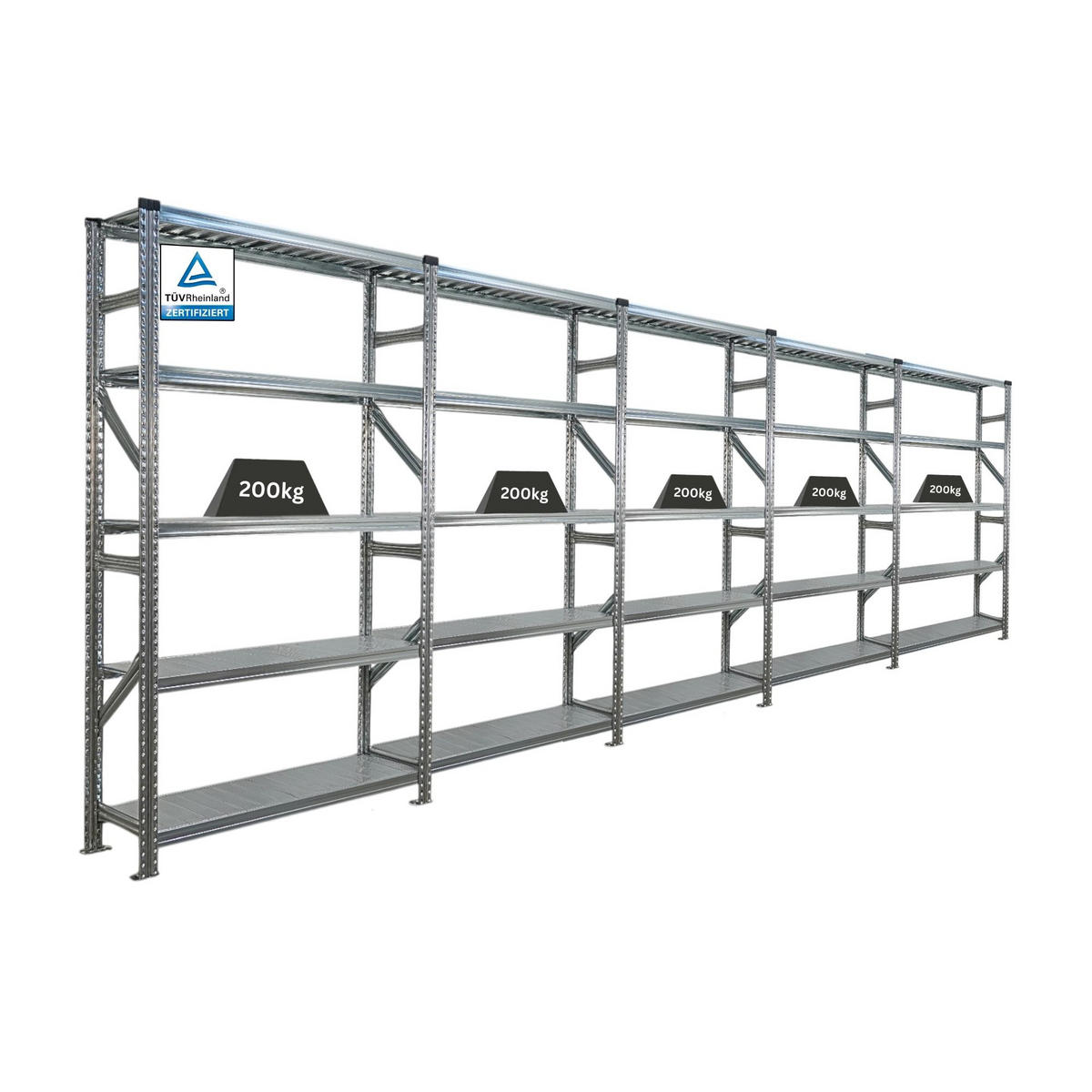 FACHBODENREGAL Proximo Stecksystem 200x600x32cm 5 Ebenen Fachlast 200 kg Beidseitig nutzbar Verzinkt - Silberfarben, Metall (600/200/32cm) - PROREGAL