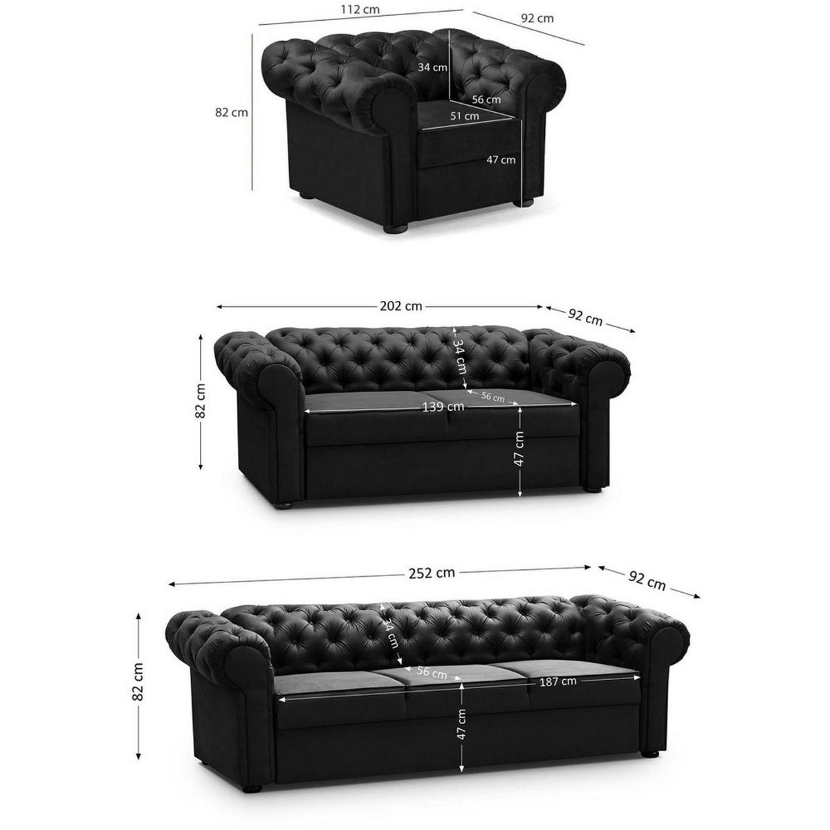 SITZGARNITUR Chester 3+2+1 im Chesterfield-Stil, Schwarz - Schwarz, Textil (252/82/92cm) - Beautysofa