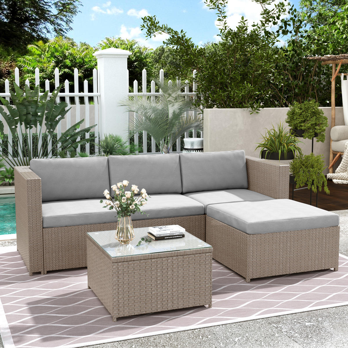 GARTENSET 196x136x67cm beige aus Polyrattan und Stahl, wasserdicht - Beige, Metall - Modfu