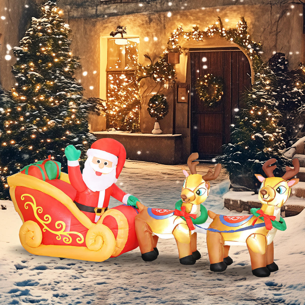 240 cm Aufblasbarer Weihnachtsmann auf Schlitten mit 2 Rentier LED-Lichtern - Rot, Textil (75/100/240cm) - Outsunny