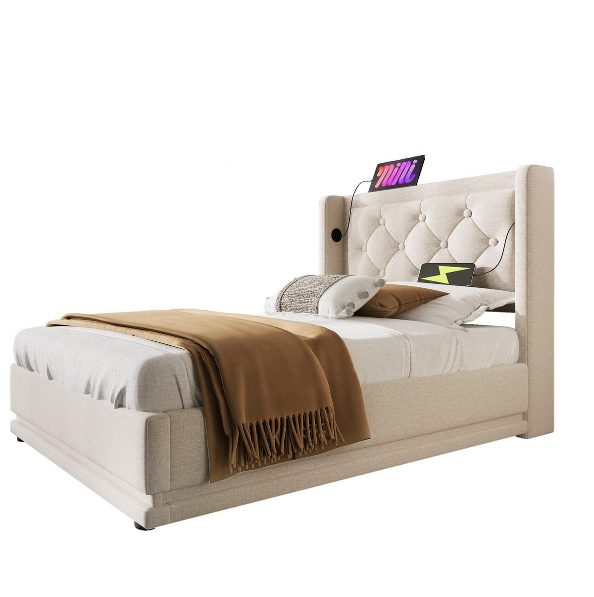 POLSTERBETT 90/200 cm Beige mit Stauraum, LED-Beleuchtung und USB-/Type-C-Anschlüssen - Beige, Textil (90/200cm) - Flora Grace