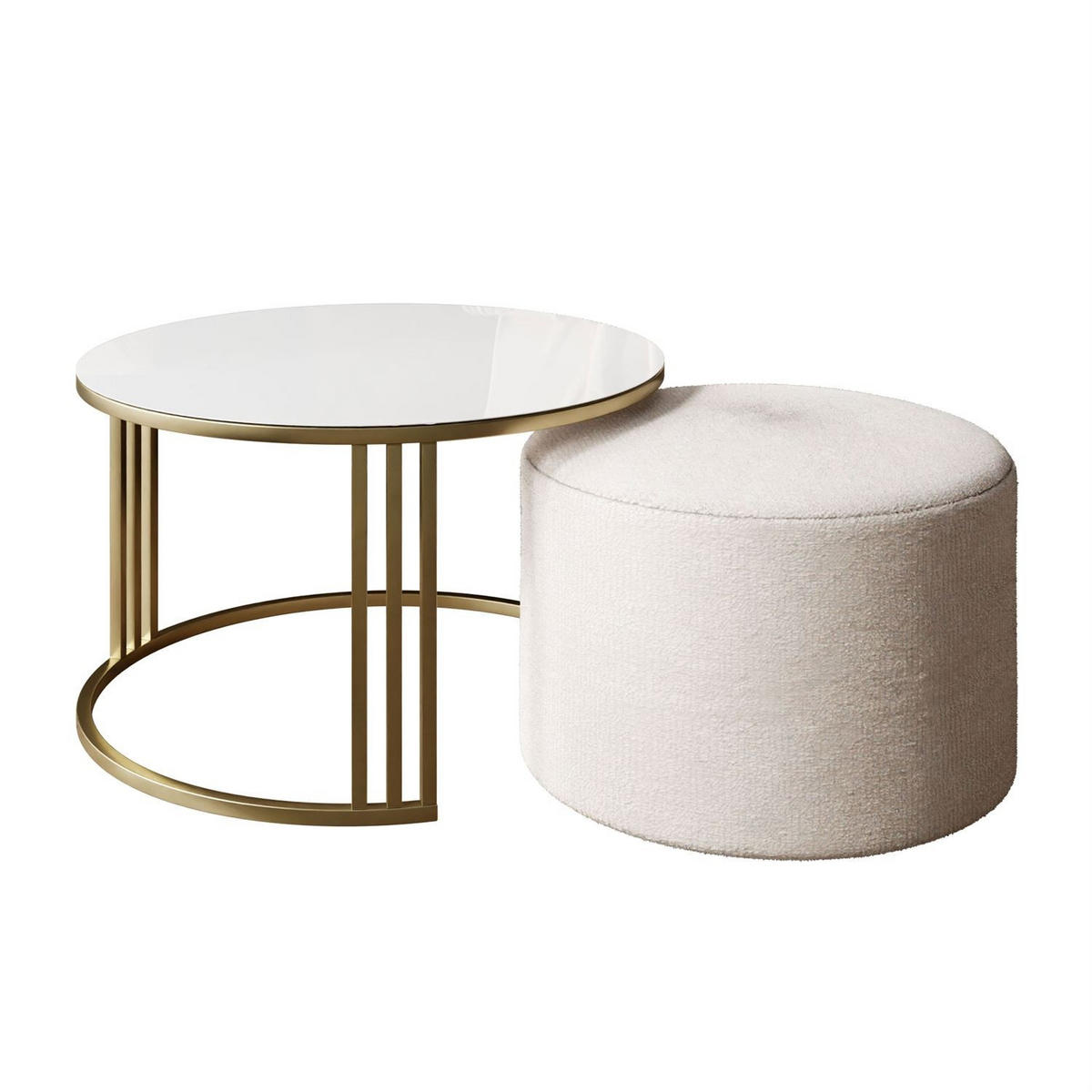 COUCHTISCH mit Hocker LORI GLASS gebürstetes Gold/weißes Glas/Perfect Harmony 01 - Schwarz, Metall (70/70/49cm) - Lookway