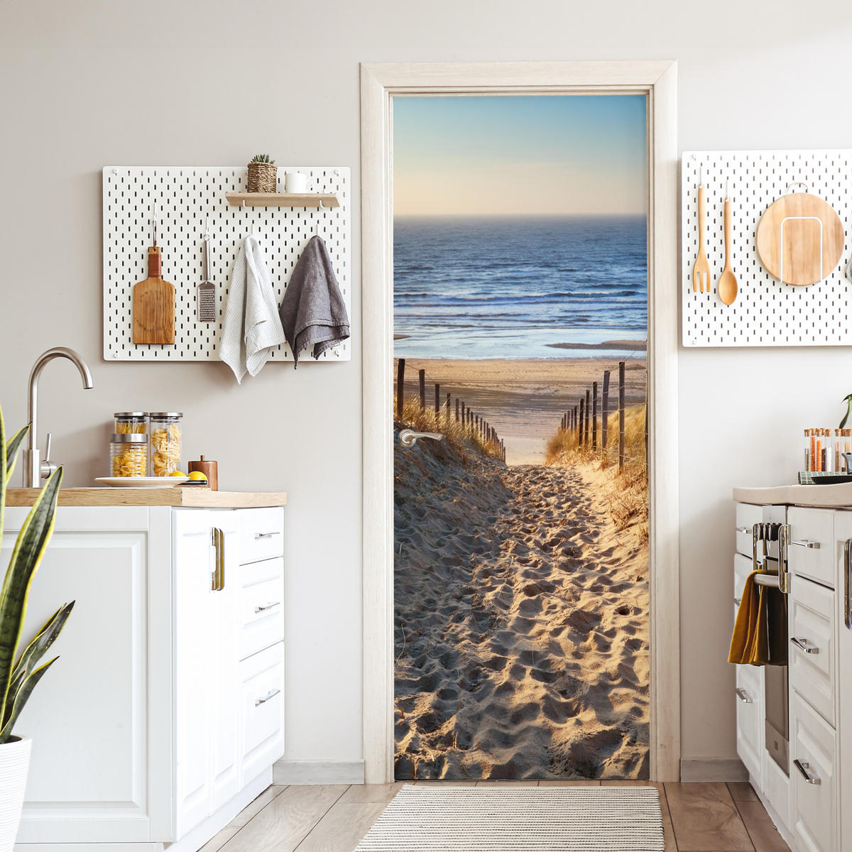 TÜRAUFKLEBER Strand - Meer - Niederlande - Dünen - Sonne 80x215 cm - Türtapete - Blau, Kunststoff (80/0.1cm) - MuchoWow