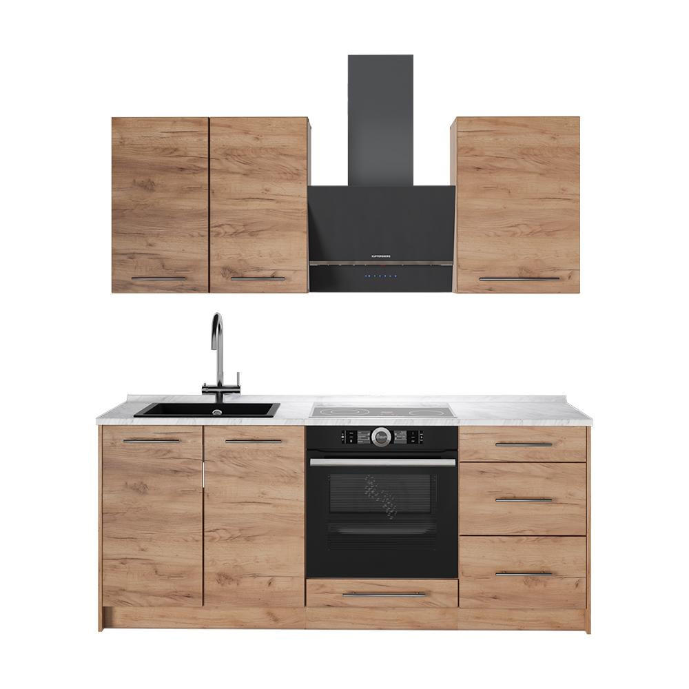 SINGLEKÜCHE Fame-Line, Goldkraft Eiche/Goldkraft Eiche, 190 cm Arbeitsplatte Marmor - Eichefarben, Holzwerkstoff (190/206.8/60cm) - Vicco