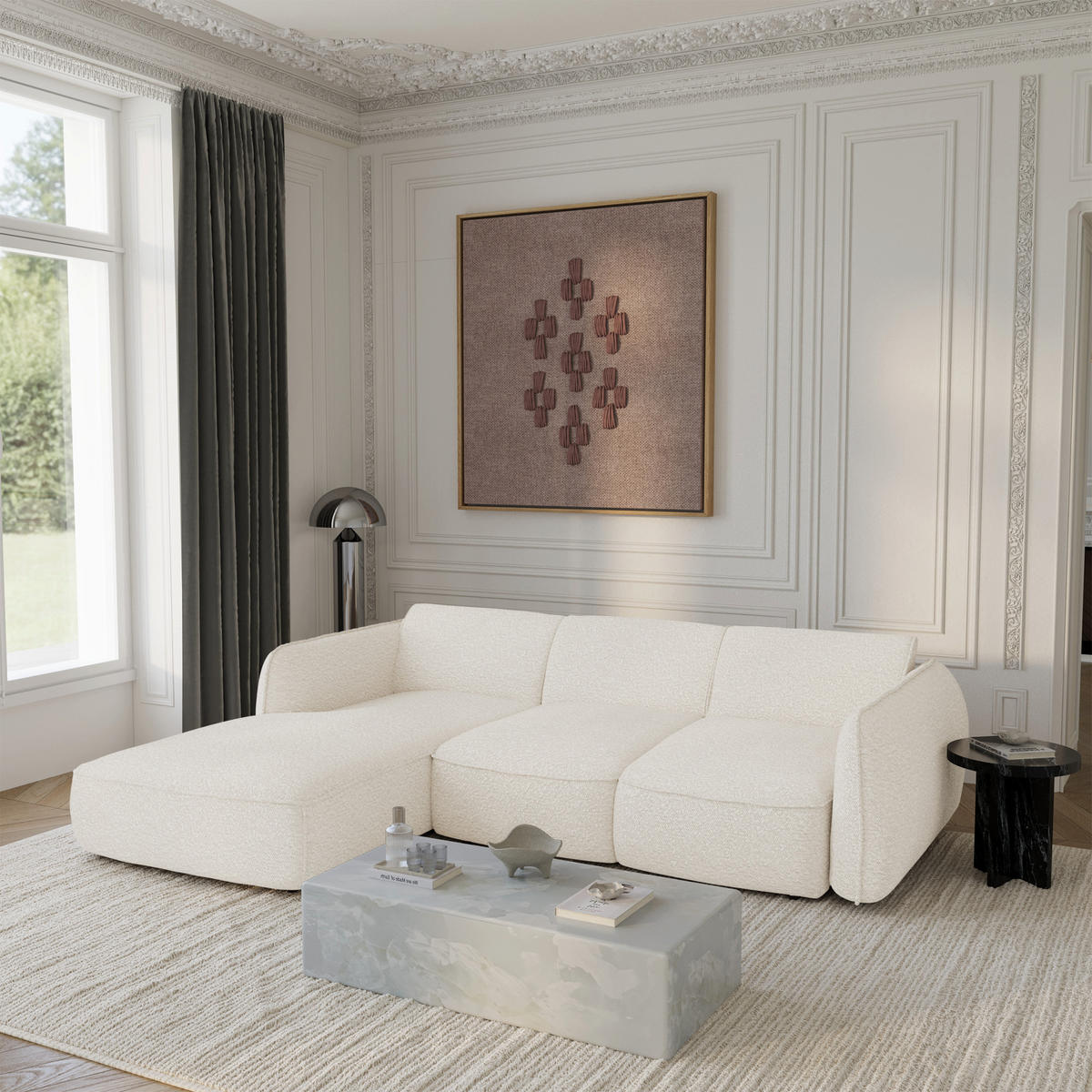 ECKSCHLAFSOFA Bouclé-Stoff 274cm - Creme, Textil (274/174cm) - Sia Home