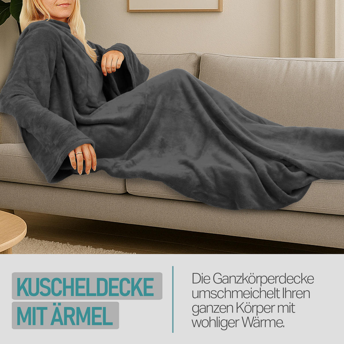 KUSCHELDECKE MIT ÄRMELN 130 x 180 cm Anthrazit - Anthrazit, Textil (180/130cm)