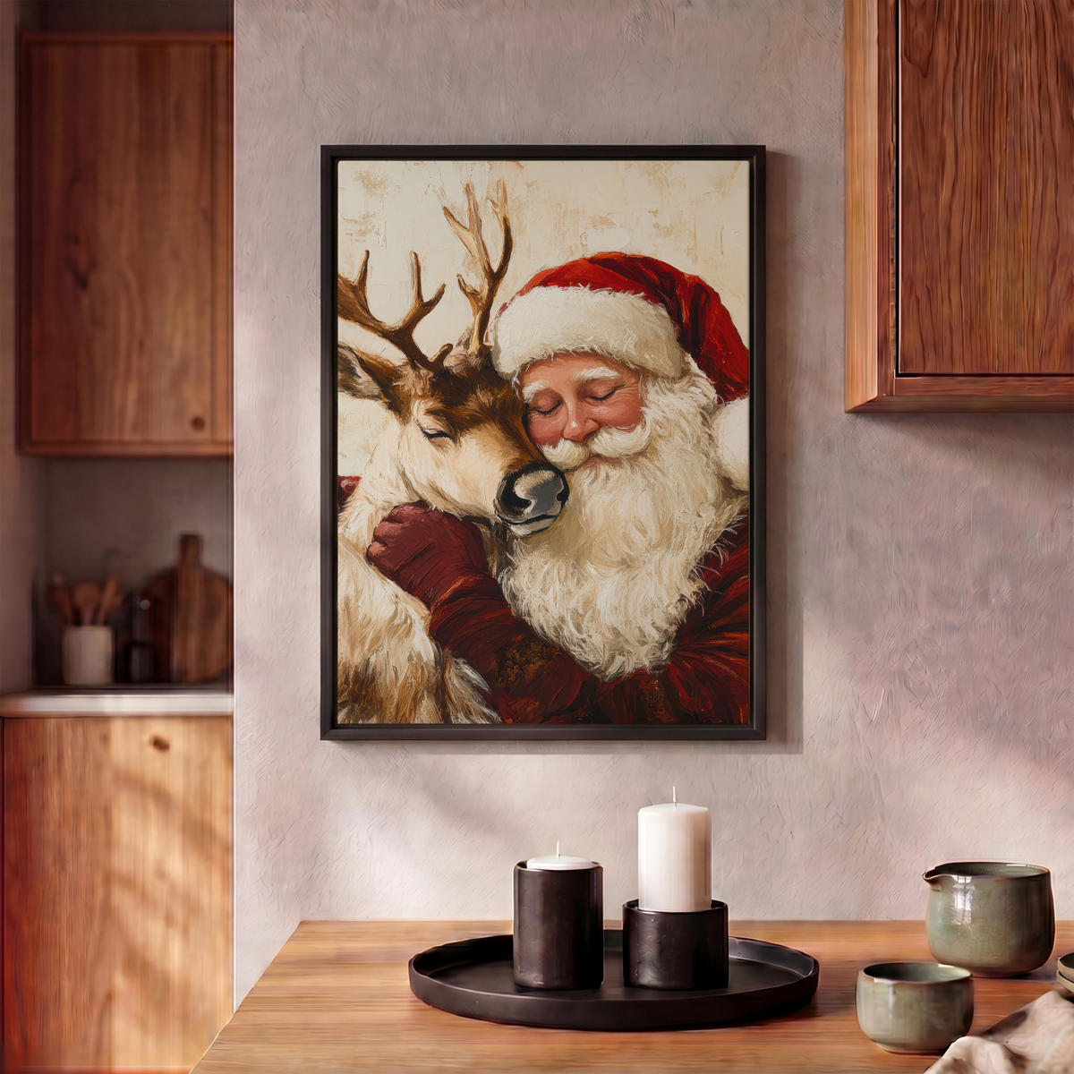 LEINWAND Bilder mit Rahmen - Weihnachtsmann - Rentier - Weihnachten - 30x40 - Rotbraun, Textil (30/40cm) - MuchoWow