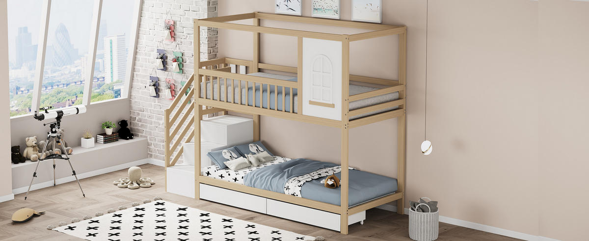 ETAGENBETT 90x200 cm Haus Schubladen natur - Naturfarben, Holz (90/200cm) - LEBENLANG