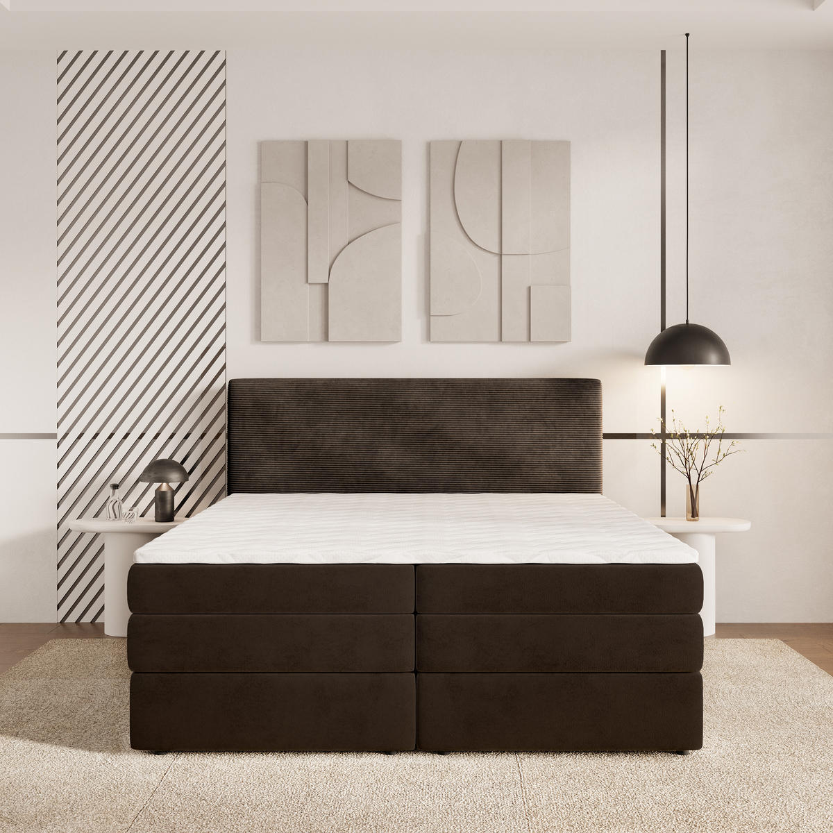 BOXSPRINGBETT MATERN 140x200 cm mit Matratze und Topper - Braun - Braun, Holz (140/200cm) - MASSENO