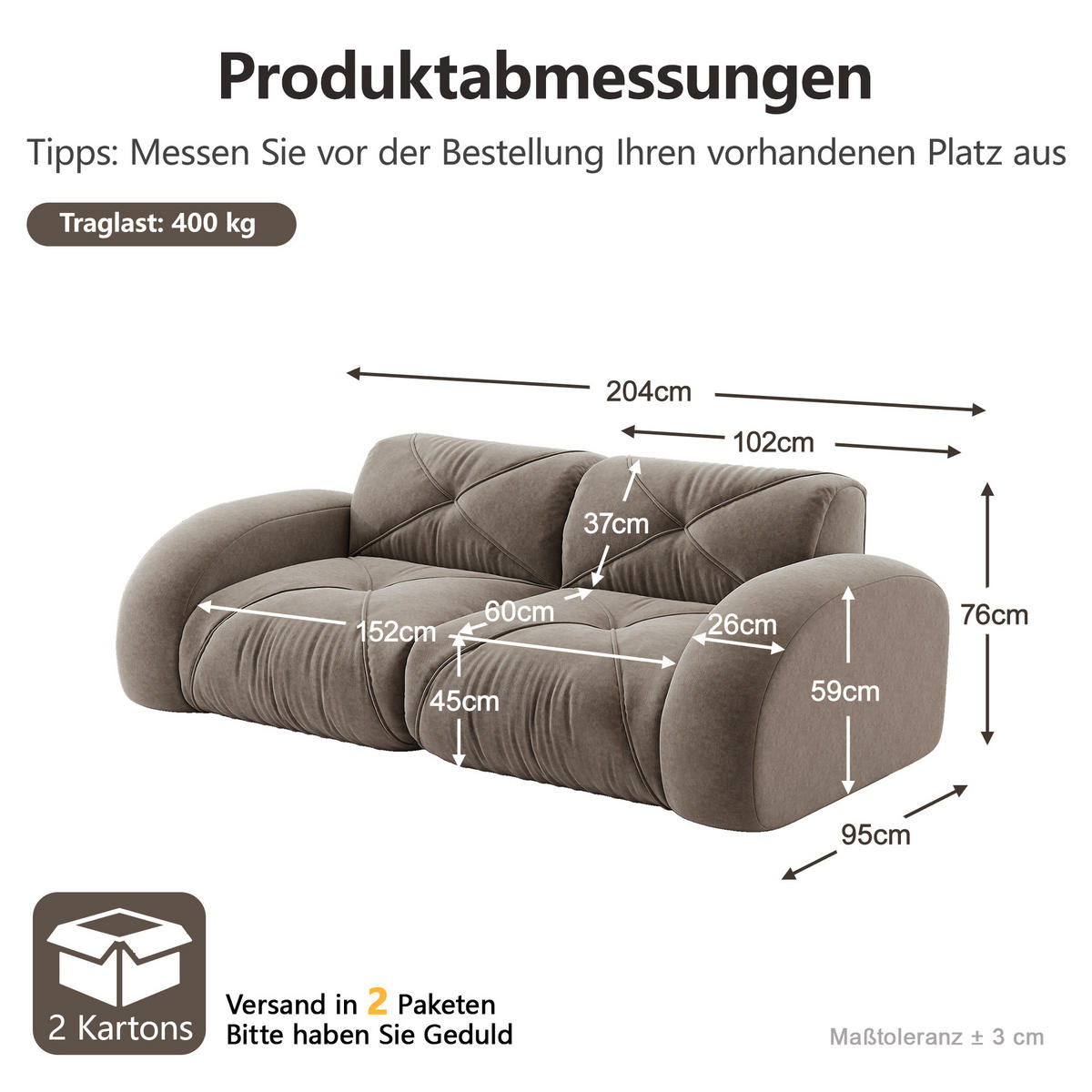 2-SITZER-SOFA DE-34276 modular Braun - Taupe, Textil (95/76/204cm) - ComfortXL