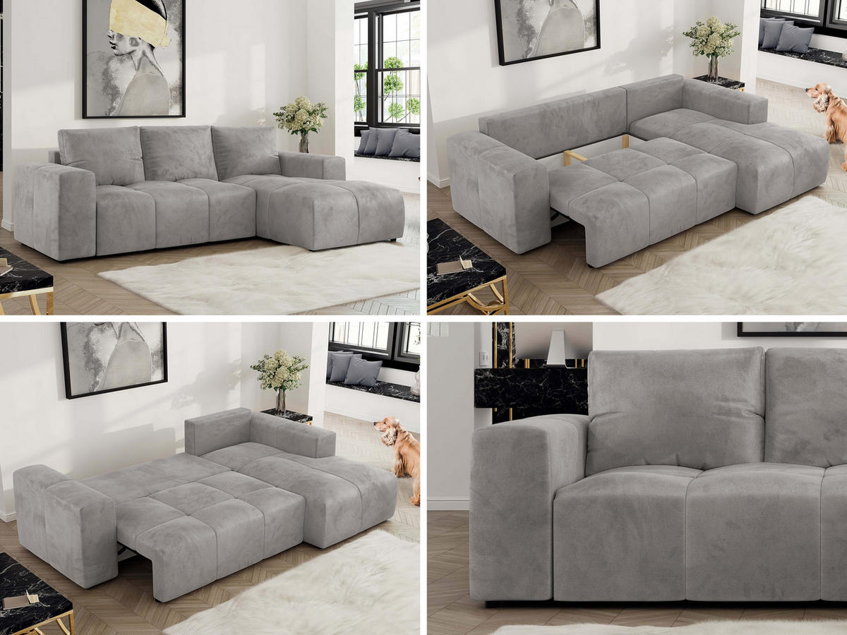 ECKSOFA MONIVA Hellgrau Velvet - Rechts - Hellgrau/Schwarz, Textil (266/164cm) - MKS