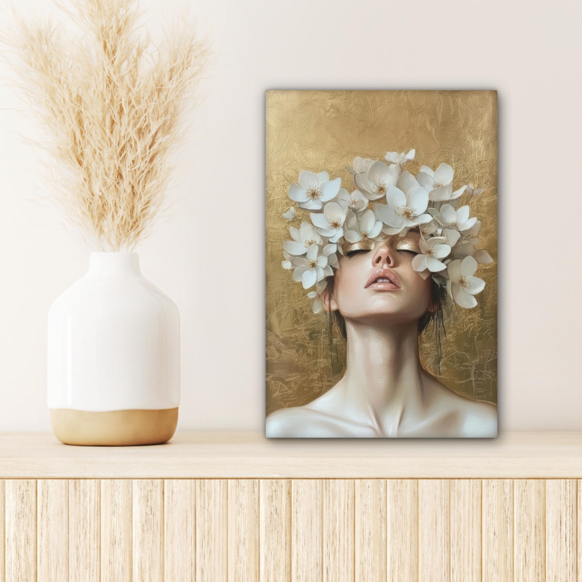 LEINWANDBILD Gesicht - Blumen - Gold - Abstrakt Deko Wohnzimmer 20x30 cm - Goldfarben, Textil (20/30cm) - MuchoWow