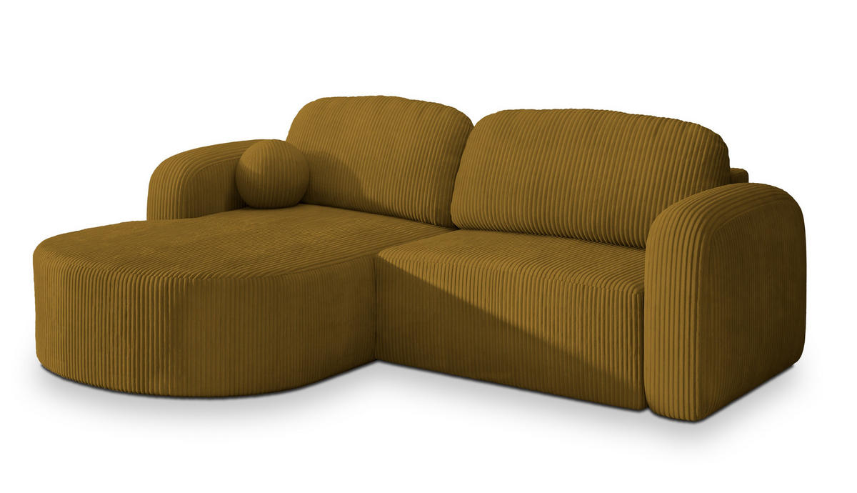ECKSOFA AMILIA P L-S Gelb Kordstoff mit Schlaffunktion - Gelb, Holz (263/174cm) - MASSENO