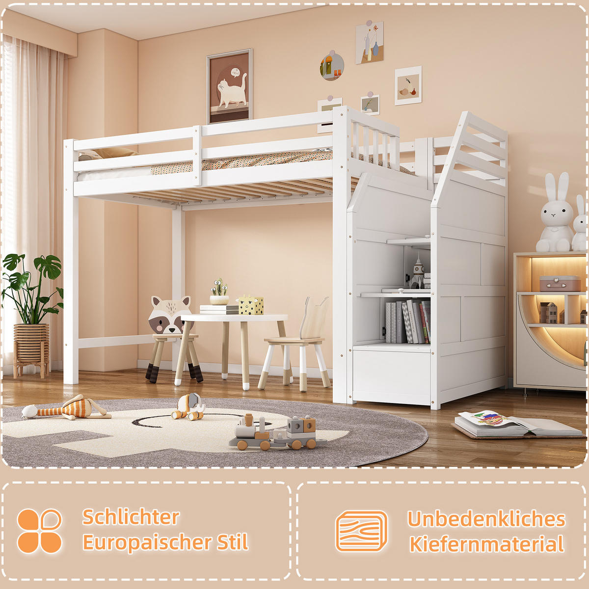 HOCHBETT 90/200 cm weiß aus Kiefernholz und MDF mit Stauraumtreppe - Weiß, Holzwerkstoff (90/200cm) - OKWISH