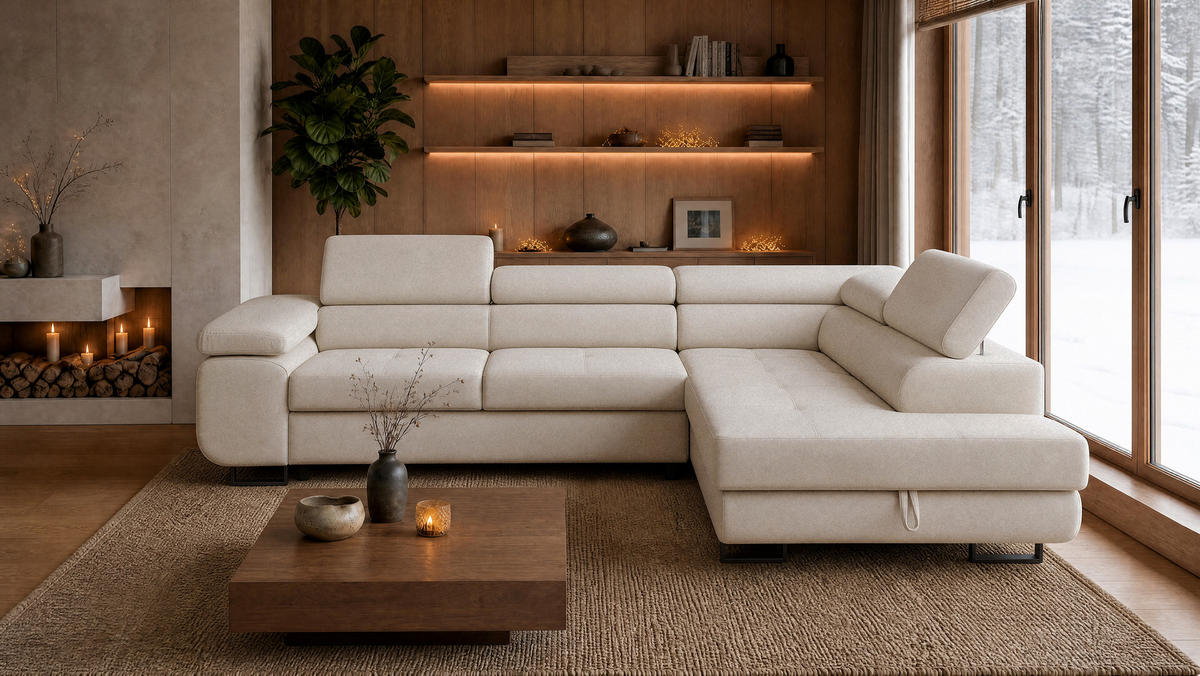 ECKSOFA Velmo mit Bettkasten und Schlaffunktion, verstellbaren Kopfstützen, in L-Form - Beige, Textil (275/203cm)