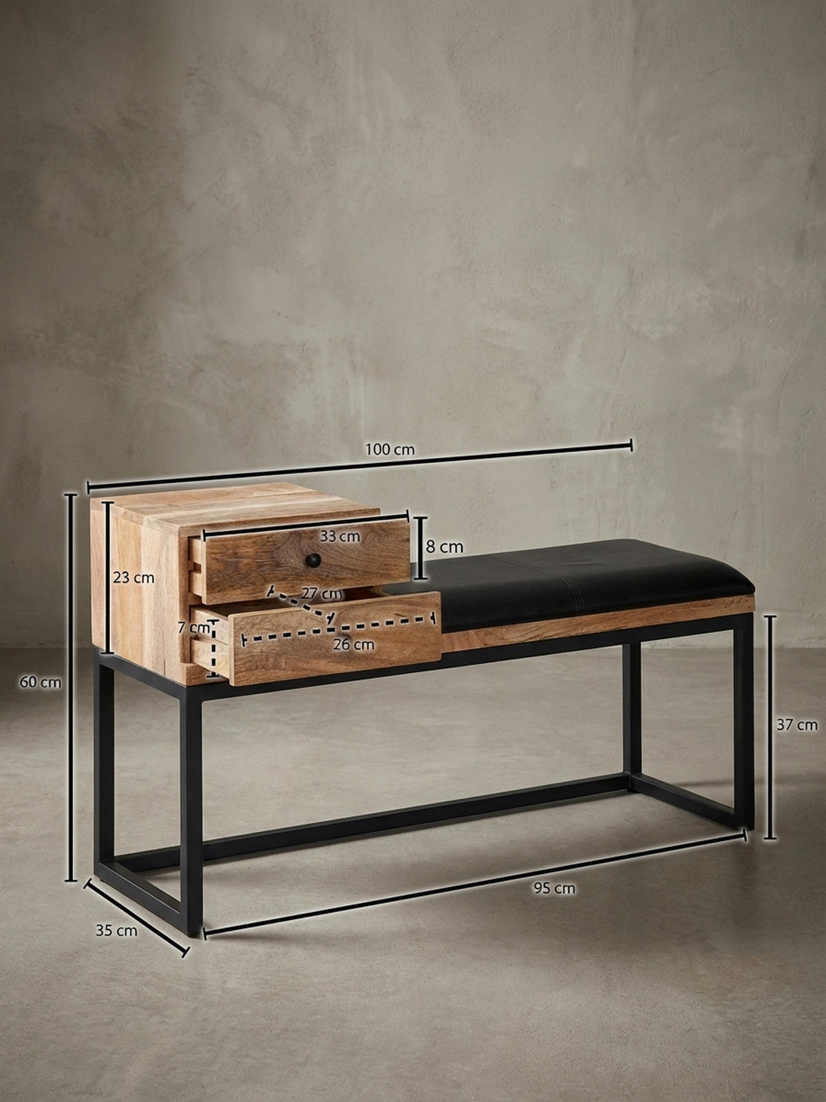 SITZBANK – Ziegenleder/Metall, Schubladen, Retro-Stil - Schwarz/Braun, Leder/Metall (100/60/35cm) - KADIMA DESIGN