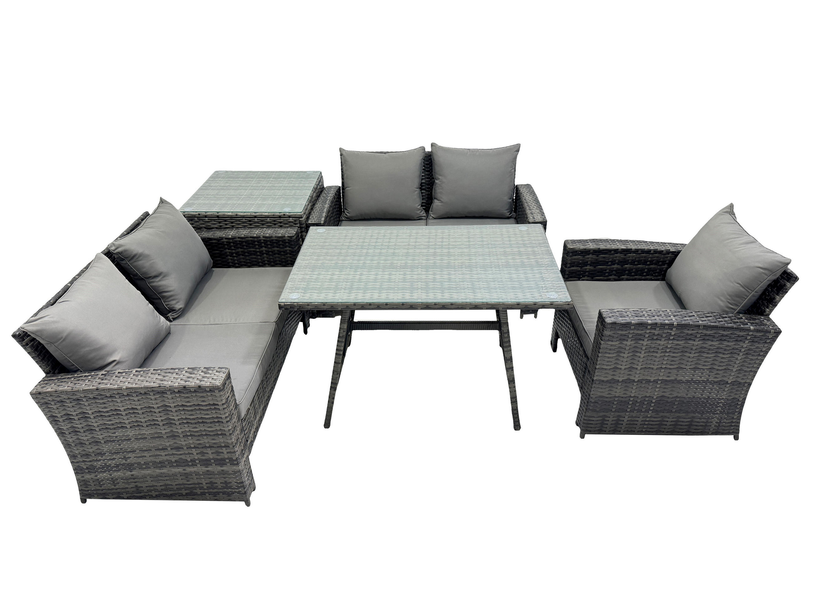 GARTENMÖBELSET mit ESSTISCH,HOCHLEHNER-SOFA Polyrattan Dunkelgrauer Mix 5-Sitzer - Dunkelgrau/Grau, Glas/Kunststoff - Fimous