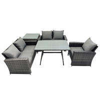 GARTENMÖBELSET mit ESSTISCH,HOCHLEHNER-SOFA Polyrattan Dunkelgrauer Mix 5-Sitzer - Dunkelgrau/Grau, Glas/Kunststoff - Fimous