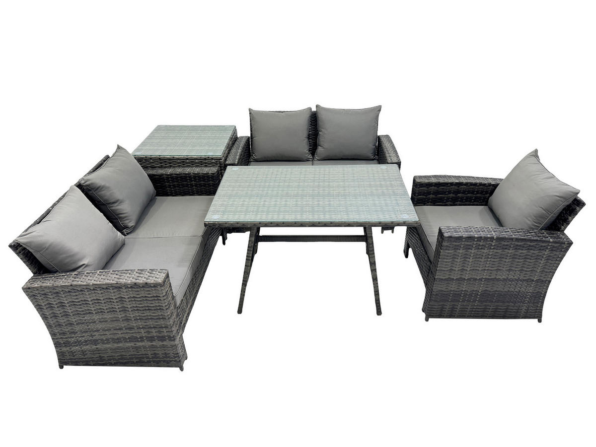 GARTENMÖBELSET mit ESSTISCH,HOCHLEHNER-SOFA Polyrattan Dunkelgrauer Mix 5-Sitzer - Dunkelgrau/Grau, Glas/Kunststoff - Fimous
