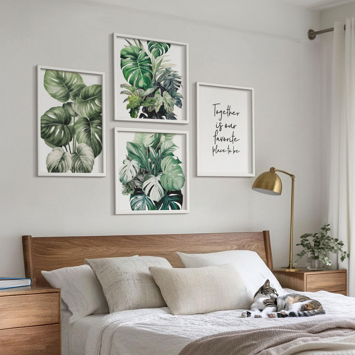 BILDER SET 4er Set - 50x50 cm & 40x60 cm Weißer Rahmen - Dekoration aus grünen tropischen Blättern - Weiß, Kunststoff (50/50cm) - TULUP