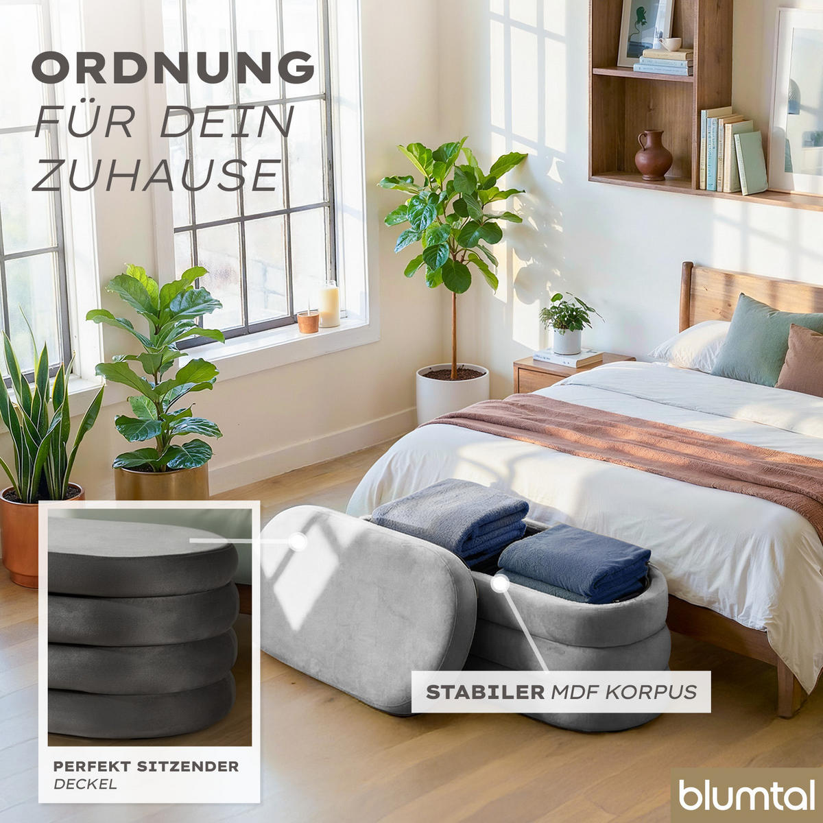XL Sitzbank mit Stauraum Oval – Samt Truhenbank Grau - Grau, Textil (45/42.5/110cm) - Blumtal