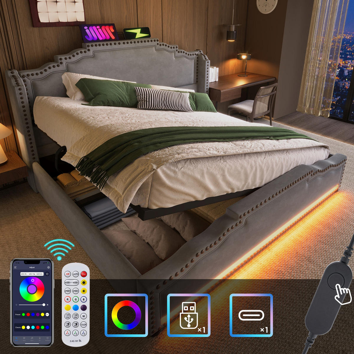 POLSTERBETT 160X200 mit LED USB C Lattenrost und hydraulischem Stauraum - Grau, Holz (160/200cm) - FLIEKS