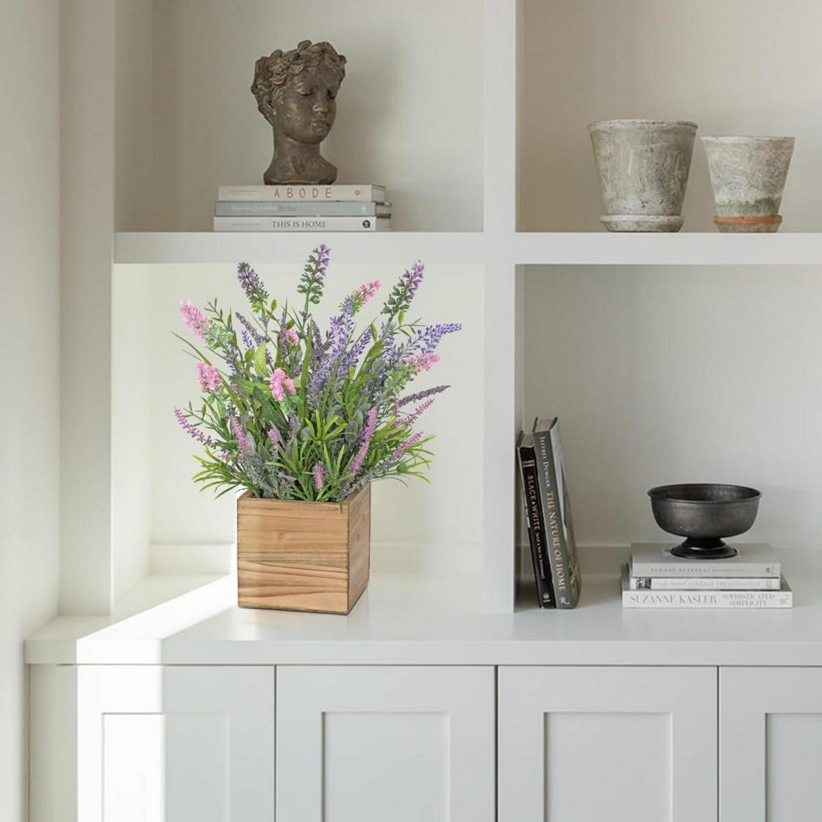 KUNSTPFLANZE Lavendel im Holztrog Shabby-Stil - Multicolor, Kunststoff (20cm)