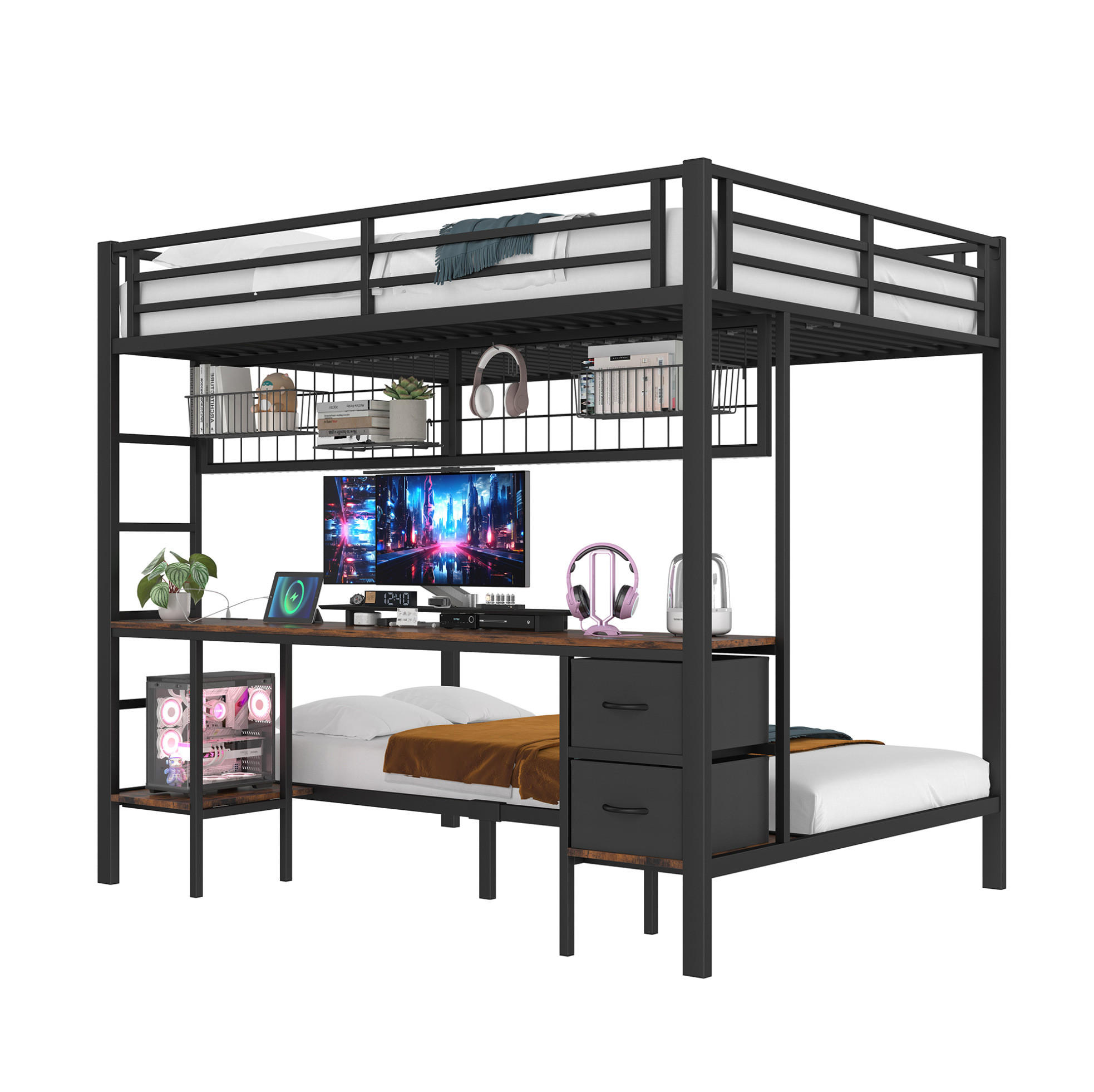 HOCHBETT 140/200 cm mit Schreibtisch, Schubladen, Regalen, Hängegitter, LED-Leiste und USB-Anschluss, Schwarz - Schwarz, Metall (140/200cm) - Redom
