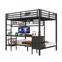 HOCHBETT 140/200 cm mit Schreibtisch, Schubladen, Regalen, Hängegitter, LED-Leiste und USB-Anschluss, Schwarz - Schwarz, Metall (140/200cm) - Redom