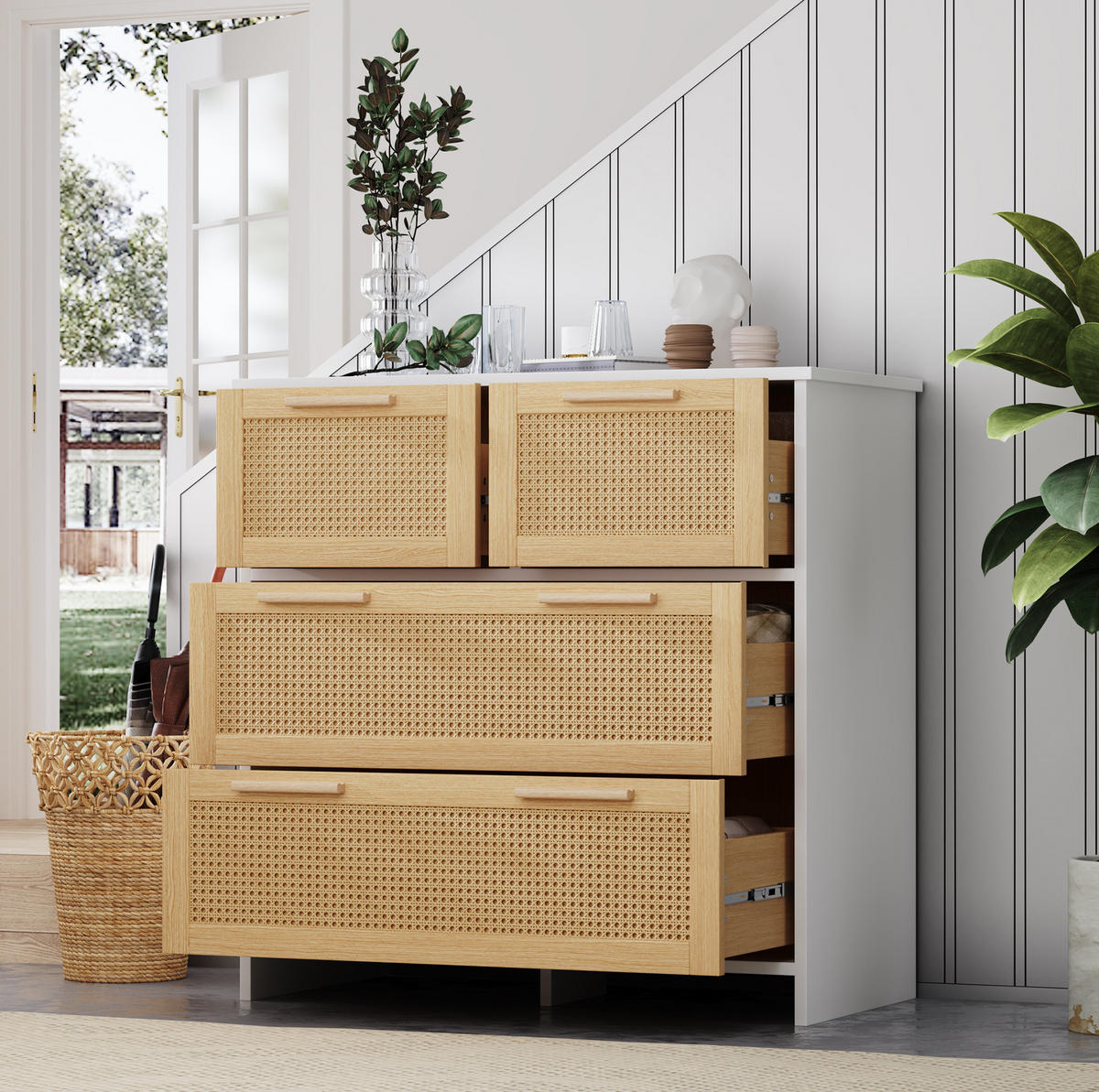 KOMMODE 80/38/80 cm mit 4 Schubladen und Rattanfronten - Weiß, Holzwerkstoff (80/38/80cm) - BEAOK