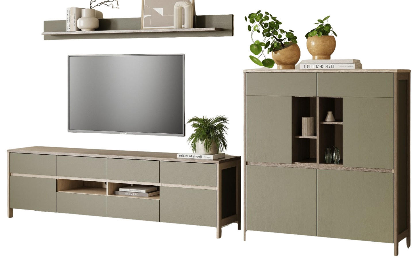 WOHNWAND Salbei grün, Eiche, Wohnkombination skandinavisch 3-teilig 319 cm, Soft-Close - Eichefarben/Salbeigrün, Glas/Holzwerkstoff (319/170/39cm) - Furn.Design