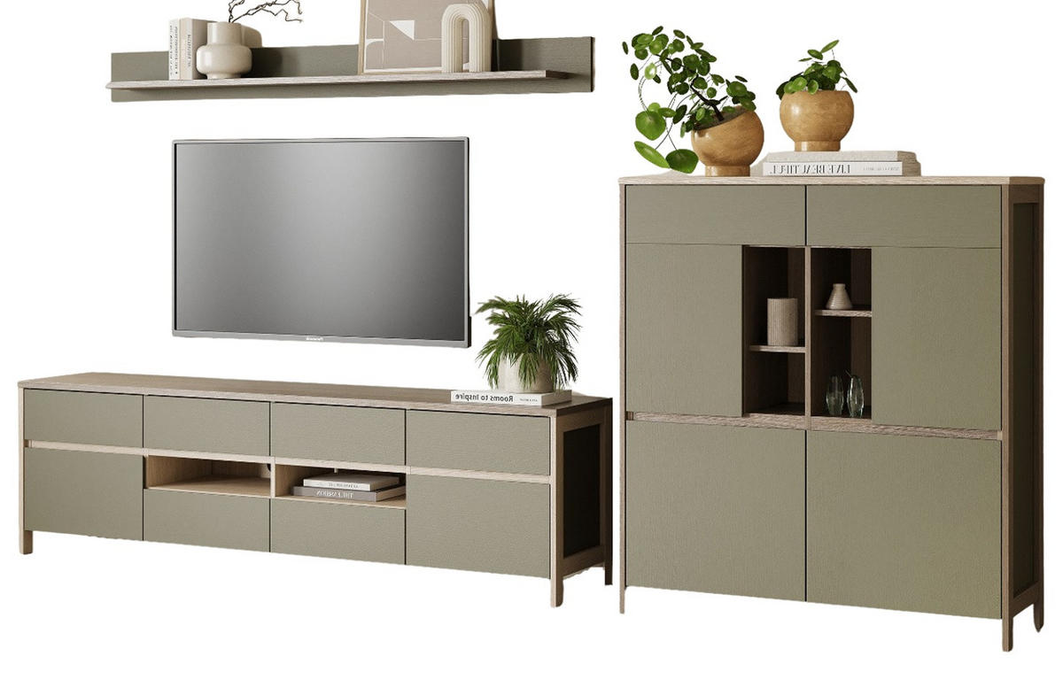 WOHNWAND Salbei grün, Eiche, Wohnkombination skandinavisch 3-teilig 319 cm, Soft-Close - Eichefarben/Salbeigrün, Glas/Holzwerkstoff (319/170/39cm) - Furn.Design