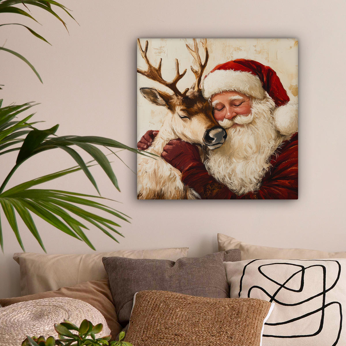 LEINWANDBILD Weihnachtsmann - Rentier - Weihnachten Wandbild Wohnzimmer 50x50 cm - Rotbraun, Textil (50/50cm) - MuchoWow