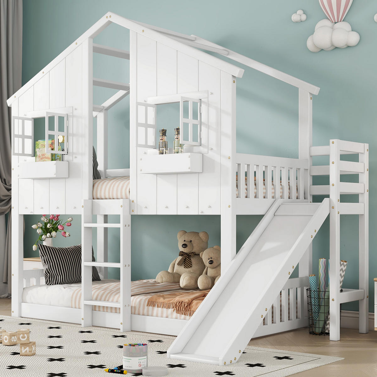 HAUSBETT 90x200cm mit Mit Kinderrutsche in Weiß - Weiß, Holz (90/200cm) - KOMHTOM
