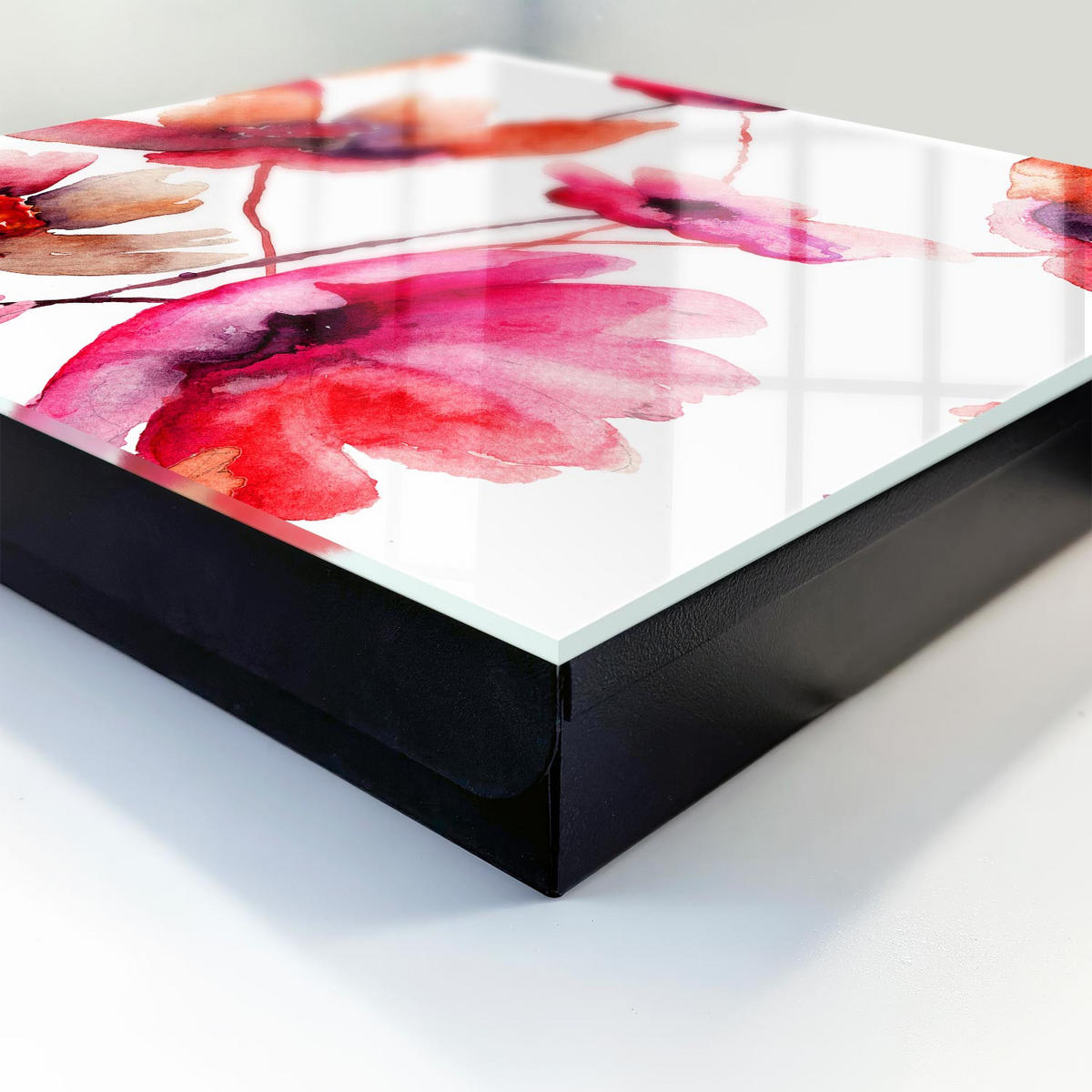 SCHLÜSSELBOX Schwarz 30x30 cm- Türöffnung nach rechts - Aquarellblumen - Rot, Metall (30/30/5cm) - TULUP