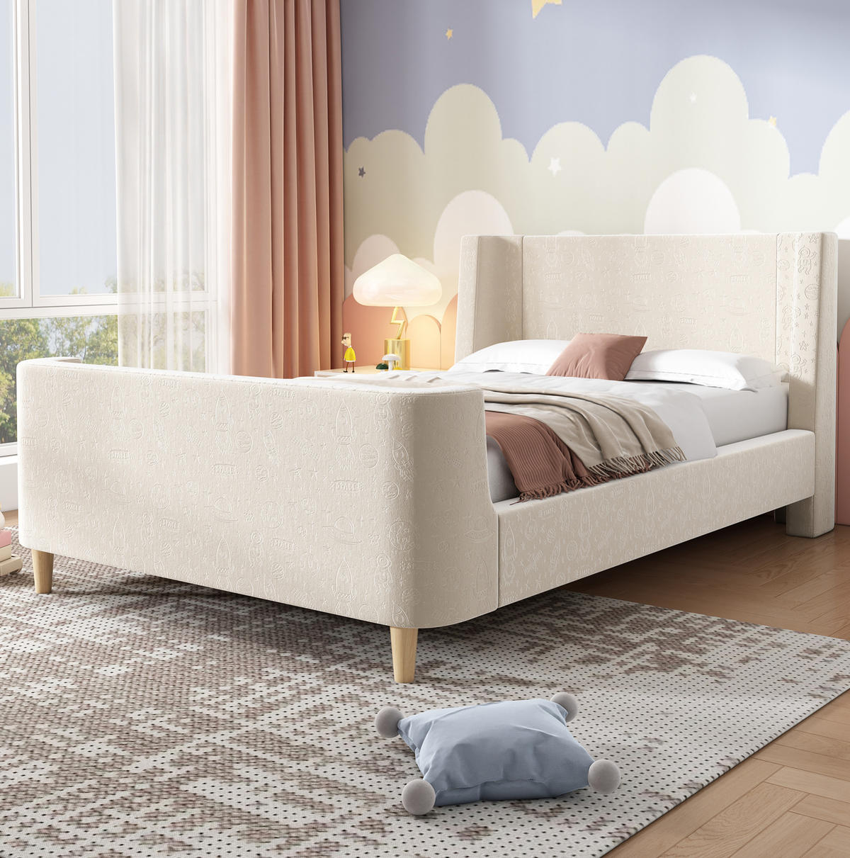 KINDERBETT 90/200 cm aus Samt mit Weltraummuster Beige - Beige, Textil (90/200cm) - Modenvie