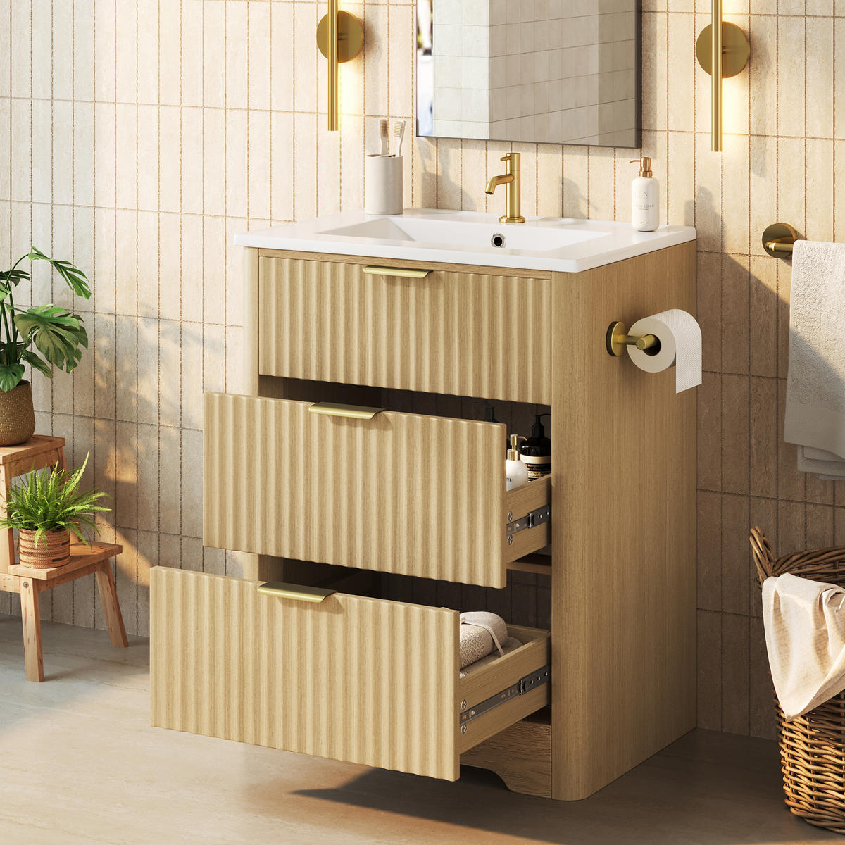 BADEZIMMERSCHRANK Holzoptik Keramik Waschbecken Schubladen 61cm - Naturfarben, Keramik (61/82/47cm) - FLIEKS