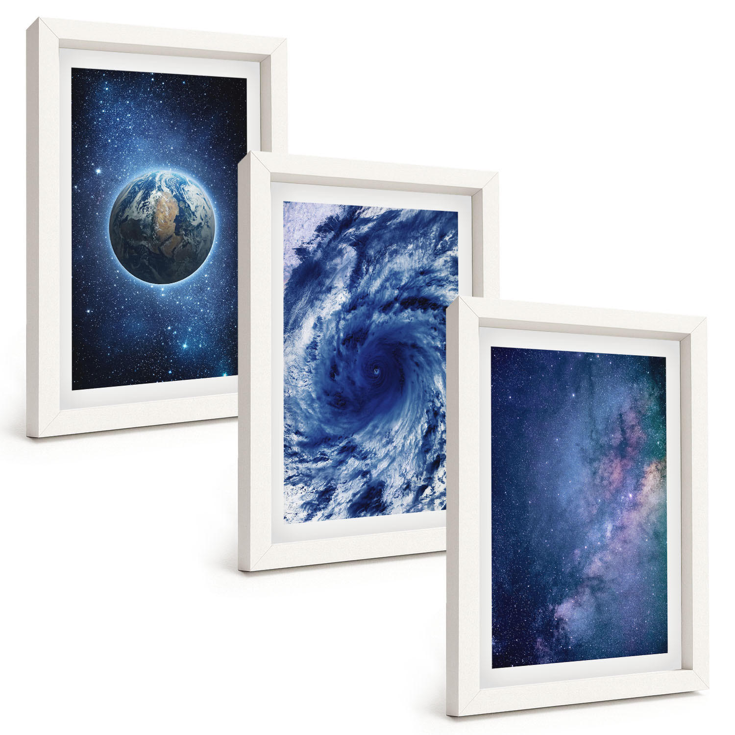 BILDER SET 3er Set - 20x30 cm Weißer Rahmen - Erde Weltraumsturm Galaxie - Weiß, Kunststoff (20/30cm) - TULUP