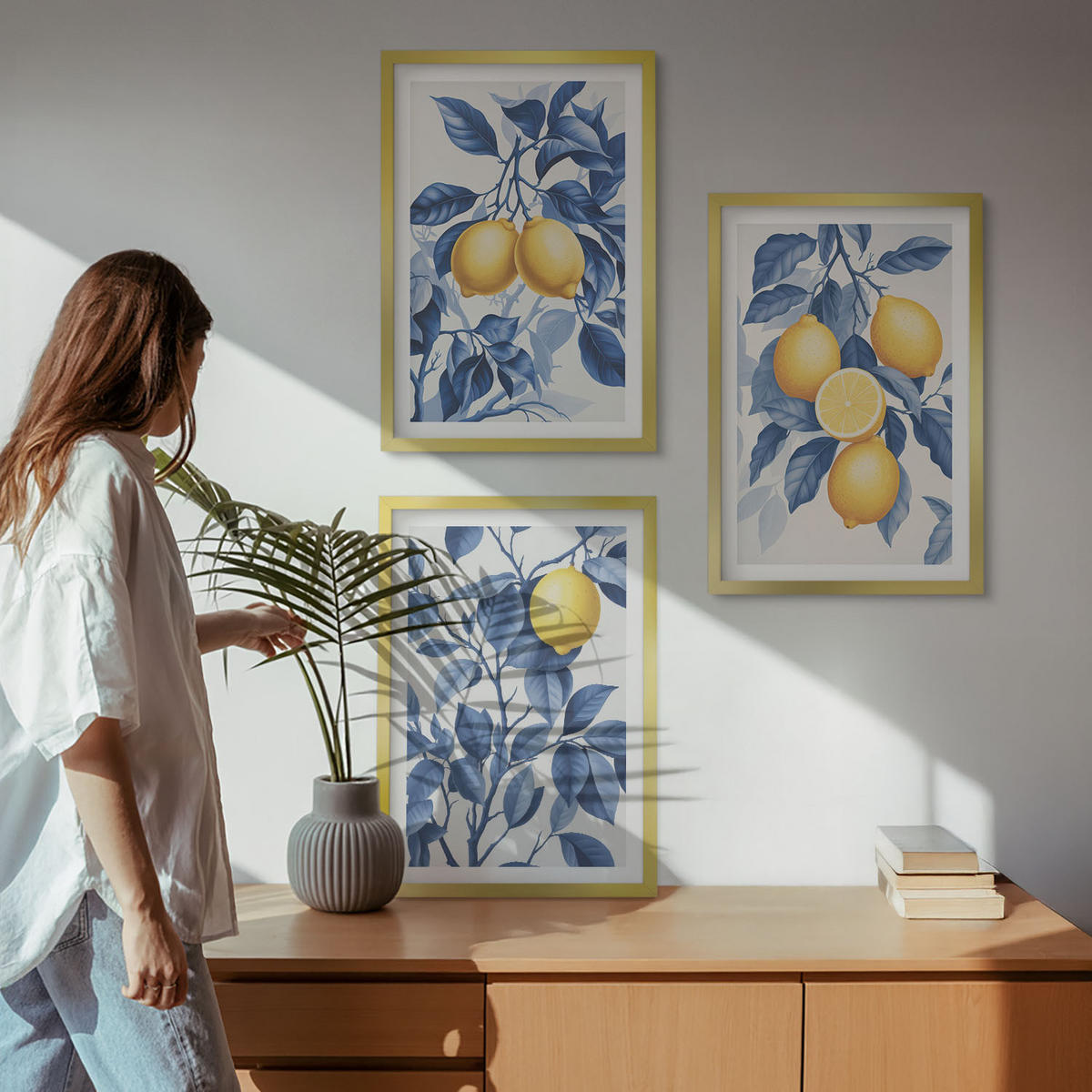 WANDBILDER 3er Set - 40x60 cm Goldrahmen - Zitronenzweige mit blauen Blättern - Goldfarben, Kunststoff (40/60cm) - ArtPrintCave