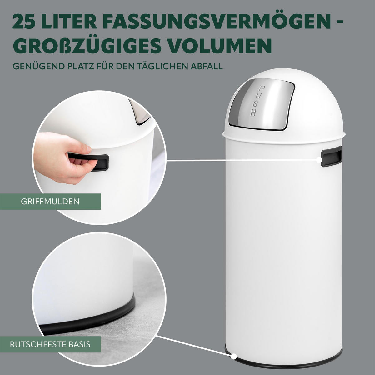 ABFALLEIMER Push-Deckel 25 L, weiß - Weiß, Metall (26.5/60.5/26.5cm) - eluno